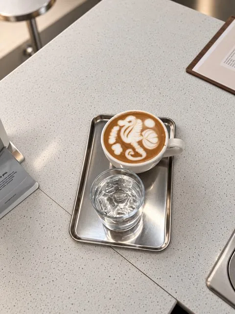 A cappuccino with latte art and a glass of water on a steel tray at Zayn Coffee