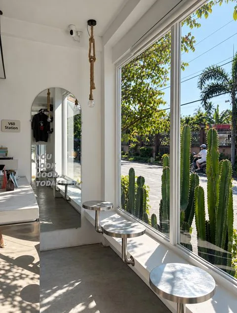 Window bar seating with an arched mirror and cacti outside at Zayn Coffee